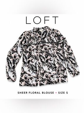 LOFT Sheer Floral Blouse Size S Black Pink Pintuck Boho Peasant Top